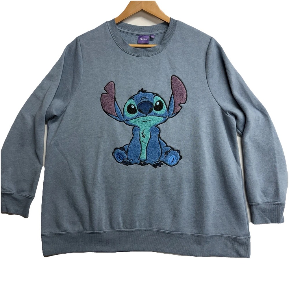 Disney Stitch Sweatshirt Women's 1X Blue Embroidered Crewneck Lilo & Stitch Plus